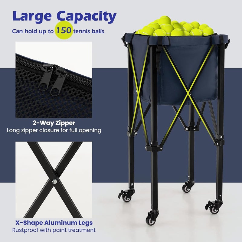 GYMAX Tennis Ball Hopper, Folding 150 Tennis Ball Holder Cart with Carry Bag, Easy Assembly Frame, Removable Bag & 4 Universal Wheels, Portable Durable Tennis Ball Basket for Ball Pickup - Image 2